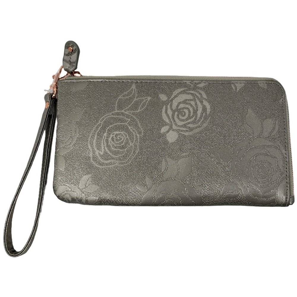 BUXTON Silver Floral EMBOSSED Rose Gold ZIP‎ Wallet Organizer Clutch Wristlet